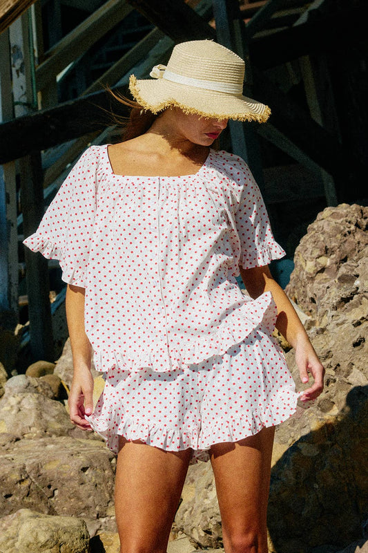 Roma Square Neck Ruffled Polka Dot Print Top