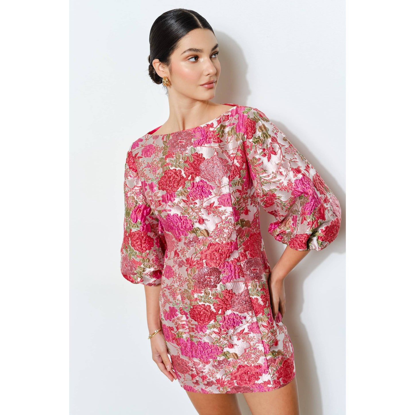 Luxe Metallic Floral Jacquard 3/4 Puff Mini Dress
