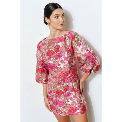 Luxe Metallic Floral Jacquard 3/4 Puff Mini Dress