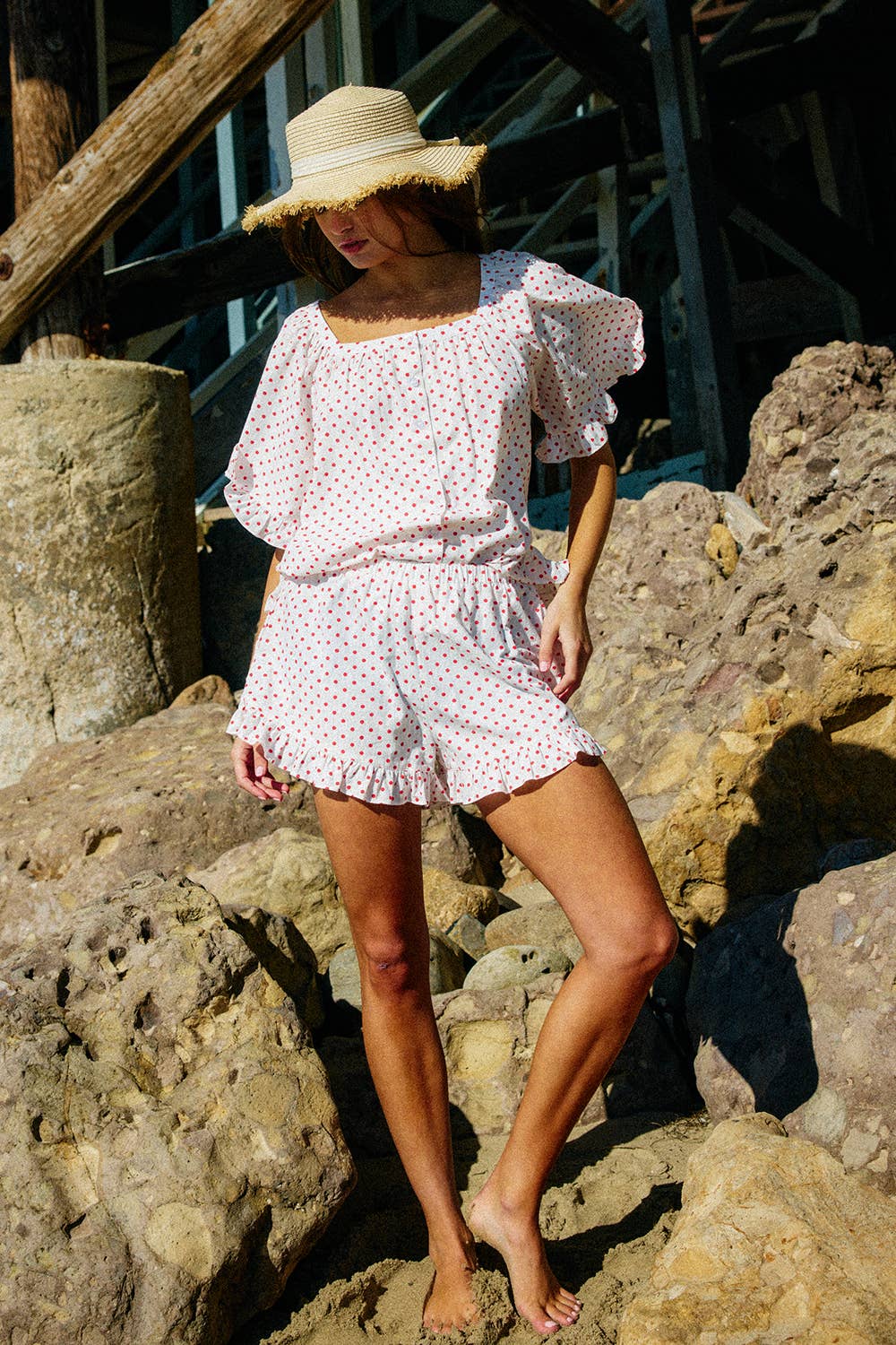 Roma Square Neck Ruffled Polka Dot Print Top