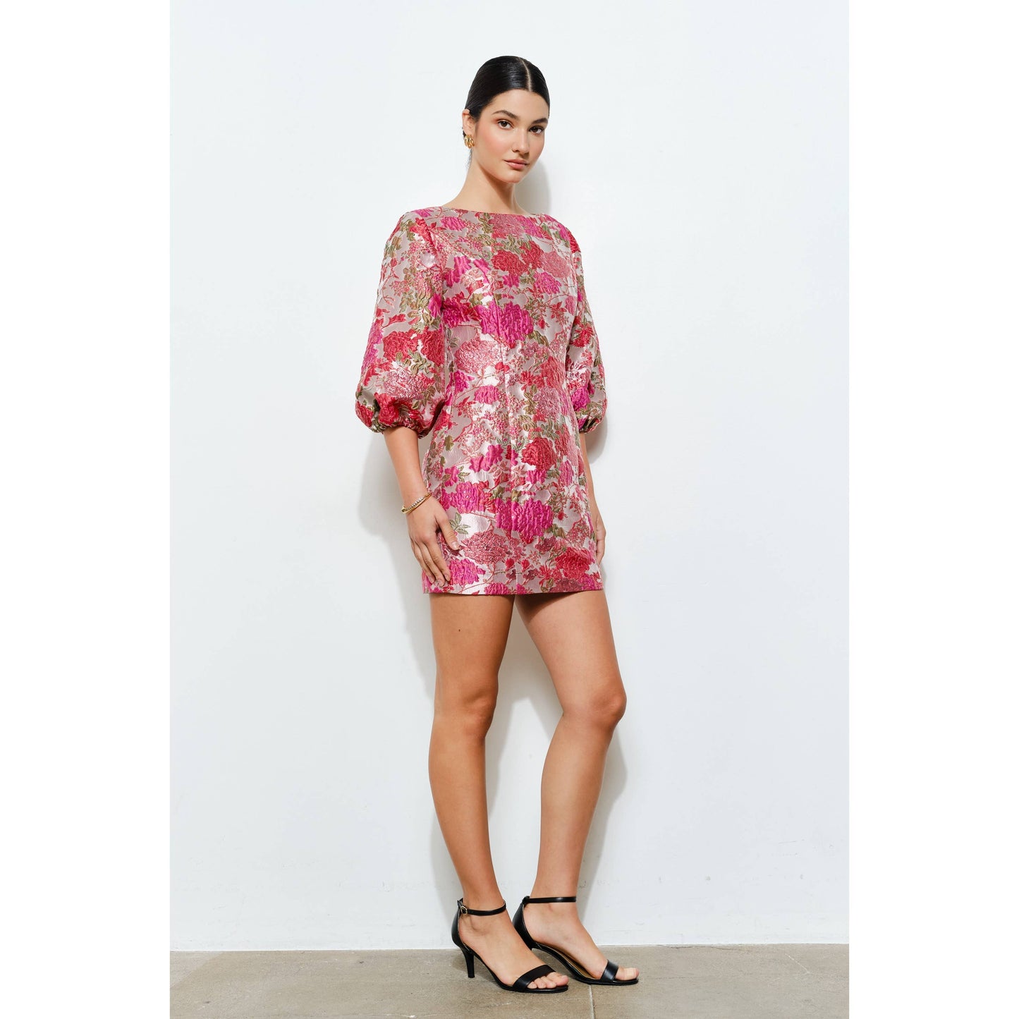 Luxe Metallic Floral Jacquard 3/4 Puff Mini Dress