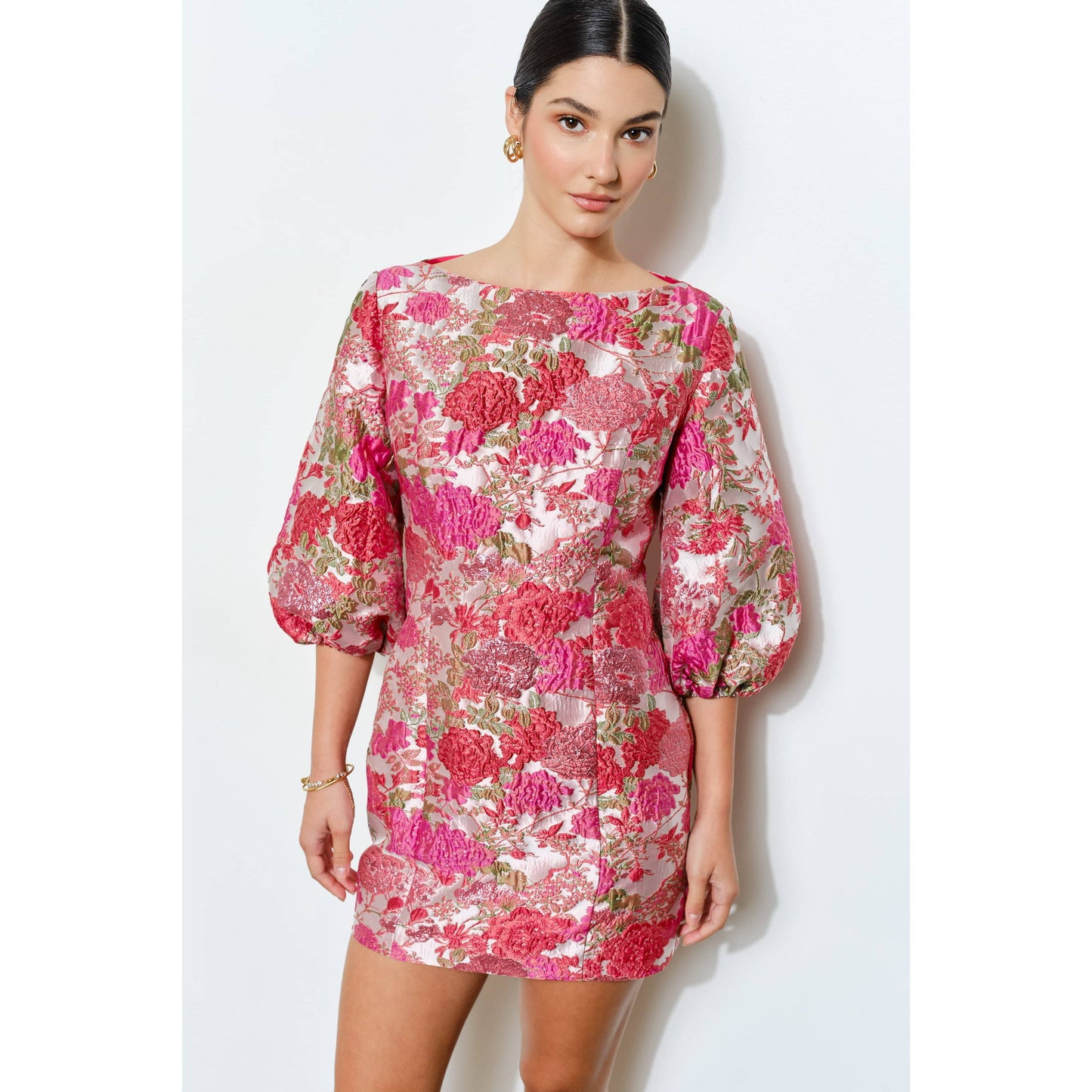 Luxe Metallic Floral Jacquard 3/4 Puff Mini Dress