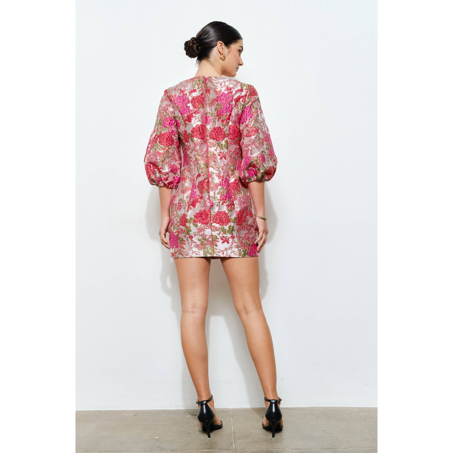 Luxe Metallic Floral Jacquard 3/4 Puff Mini Dress