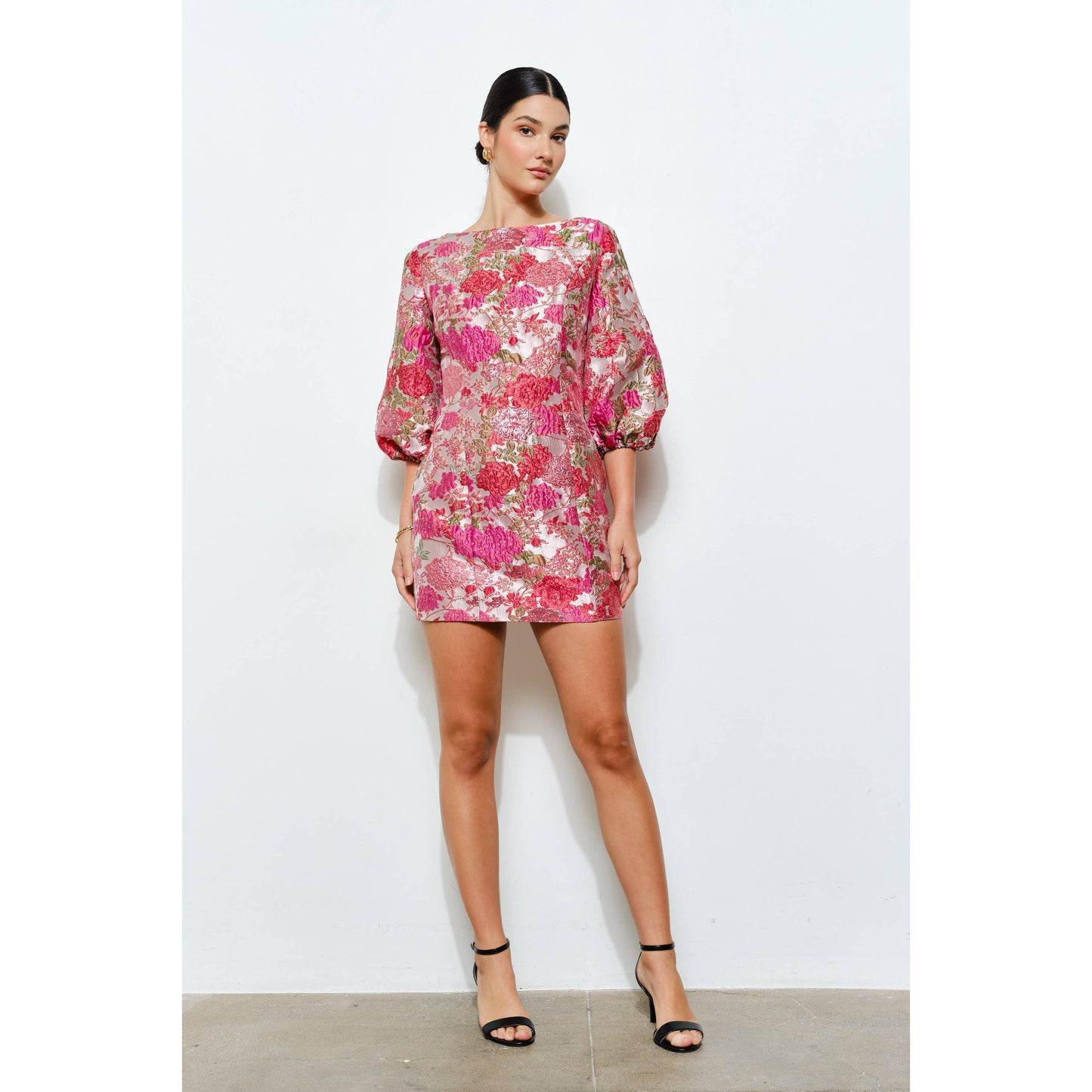 Luxe Metallic Floral Jacquard 3/4 Puff Mini Dress