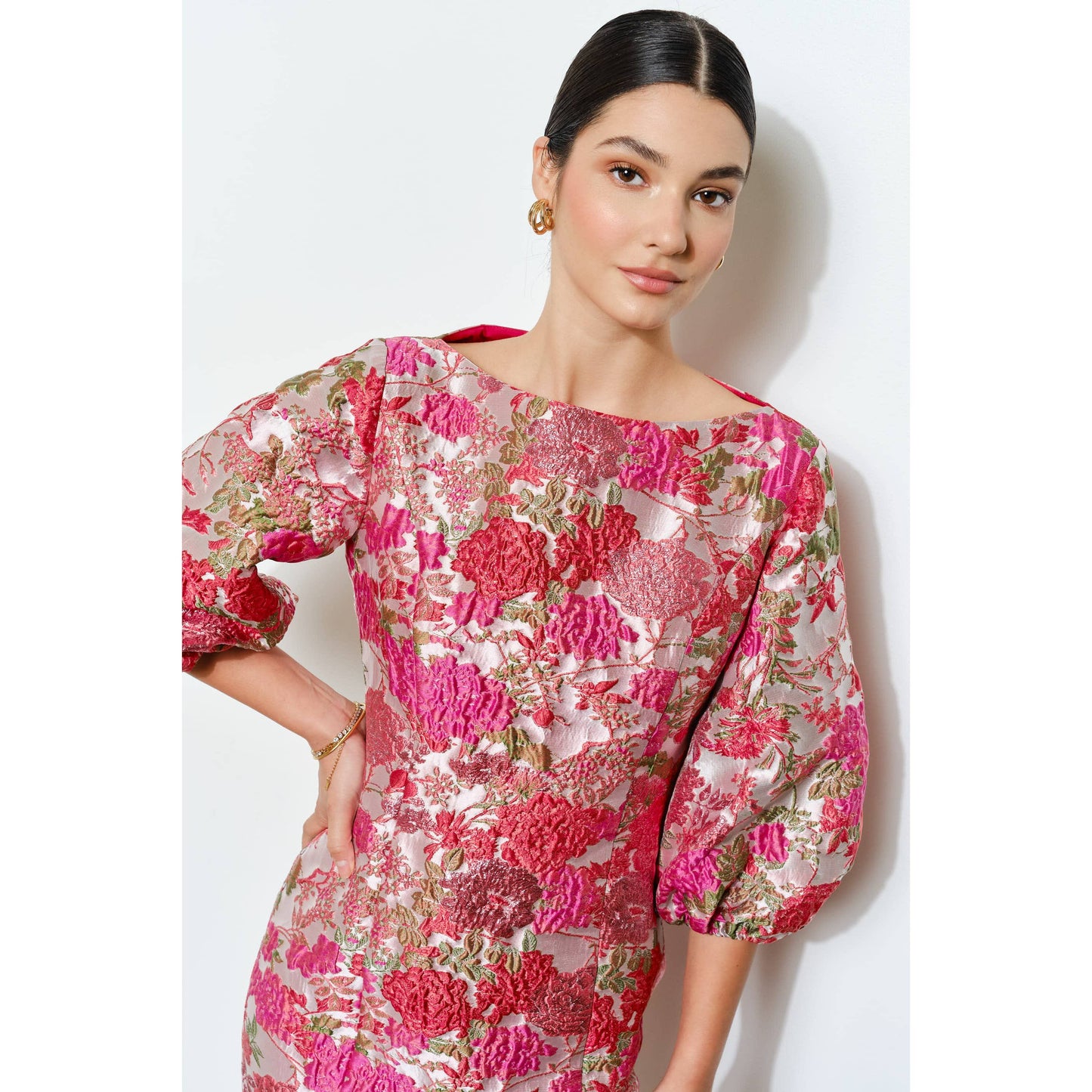 Luxe Metallic Floral Jacquard 3/4 Puff Mini Dress