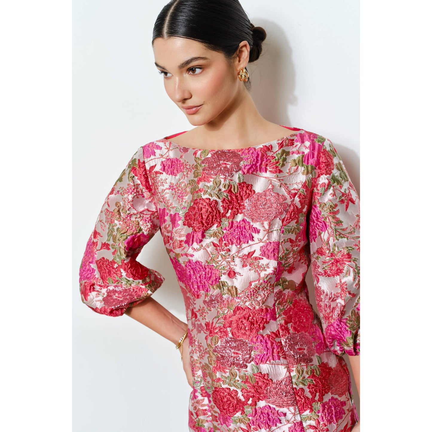 Luxe Metallic Floral Jacquard 3/4 Puff Mini Dress