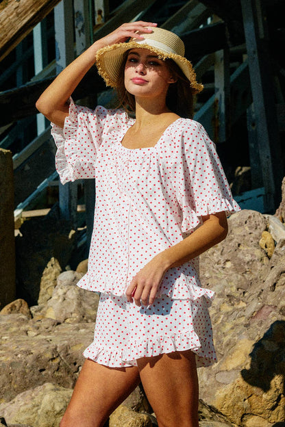 Roma Square Neck Ruffled Polka Dot Print Top
